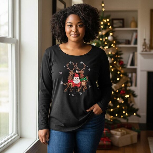 Kim Rogers 3X Black Christmas Santa Reindeer Shirt Embroidered Holiday Top - Picture 1 of 7